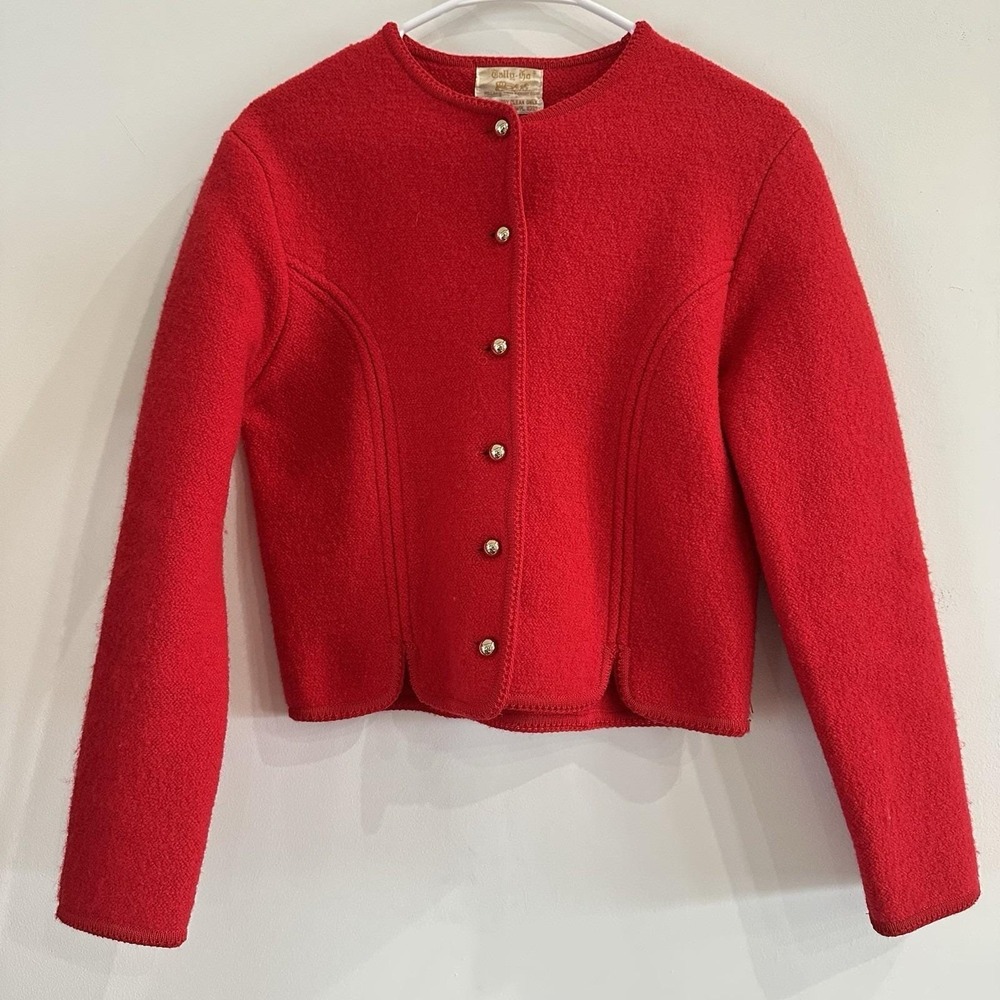 Women's VTG Tally Ho Sweater Cardigan Wool Red 10 Gold Buttons READ